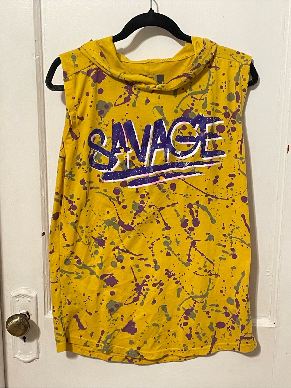 Hustler Hollywood Yellow Sleeveless Hooded Tee with Purple Graphic
